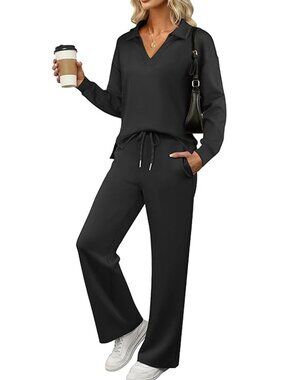 Anrabess French Terry Long Sleeve Top & Elastic Waist Pants Athleisure Track Set